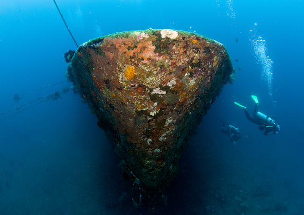 The Boga Wreck was intentionally scuttled off the coast of Tulamben, Bali