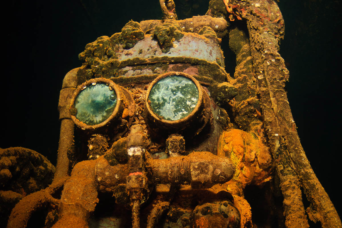 The famous 'R2D2' air compressor inside the Fujikawa Maru wreck.