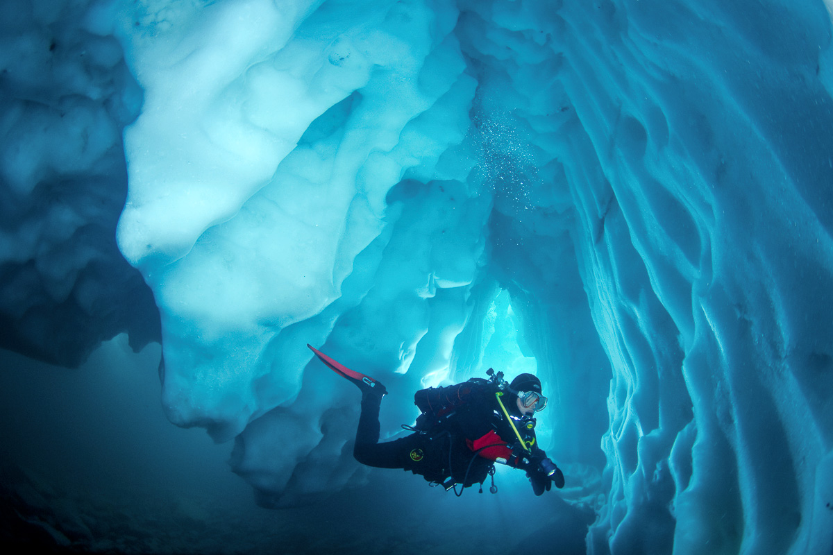 Diving in an ice cave - an overhead environment requiring more training and experience.
