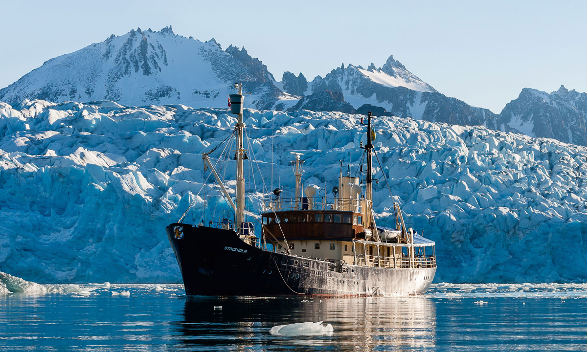 The Stockholm navigating through ice in Svalbard. Image courtesy of PolarQuest.