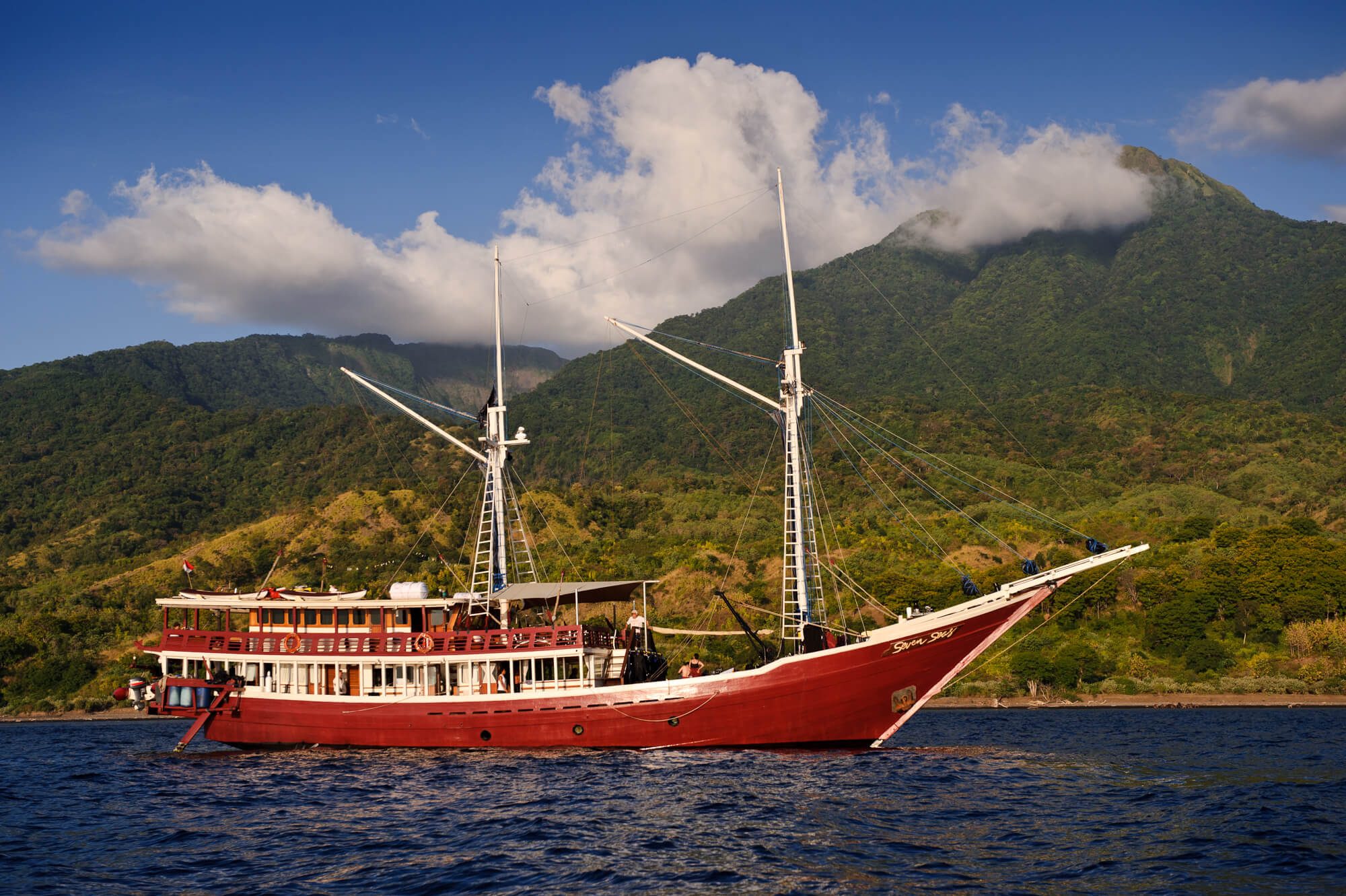 Liveaboard sailing past the island of Sangeang towards Komodo National Park.